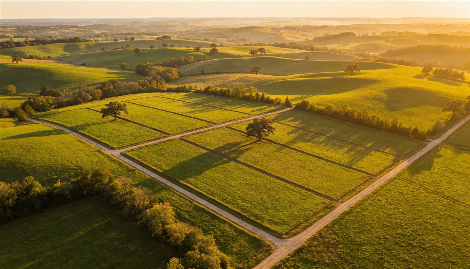 Aerial view of surveyed rural land parcels at golden hour