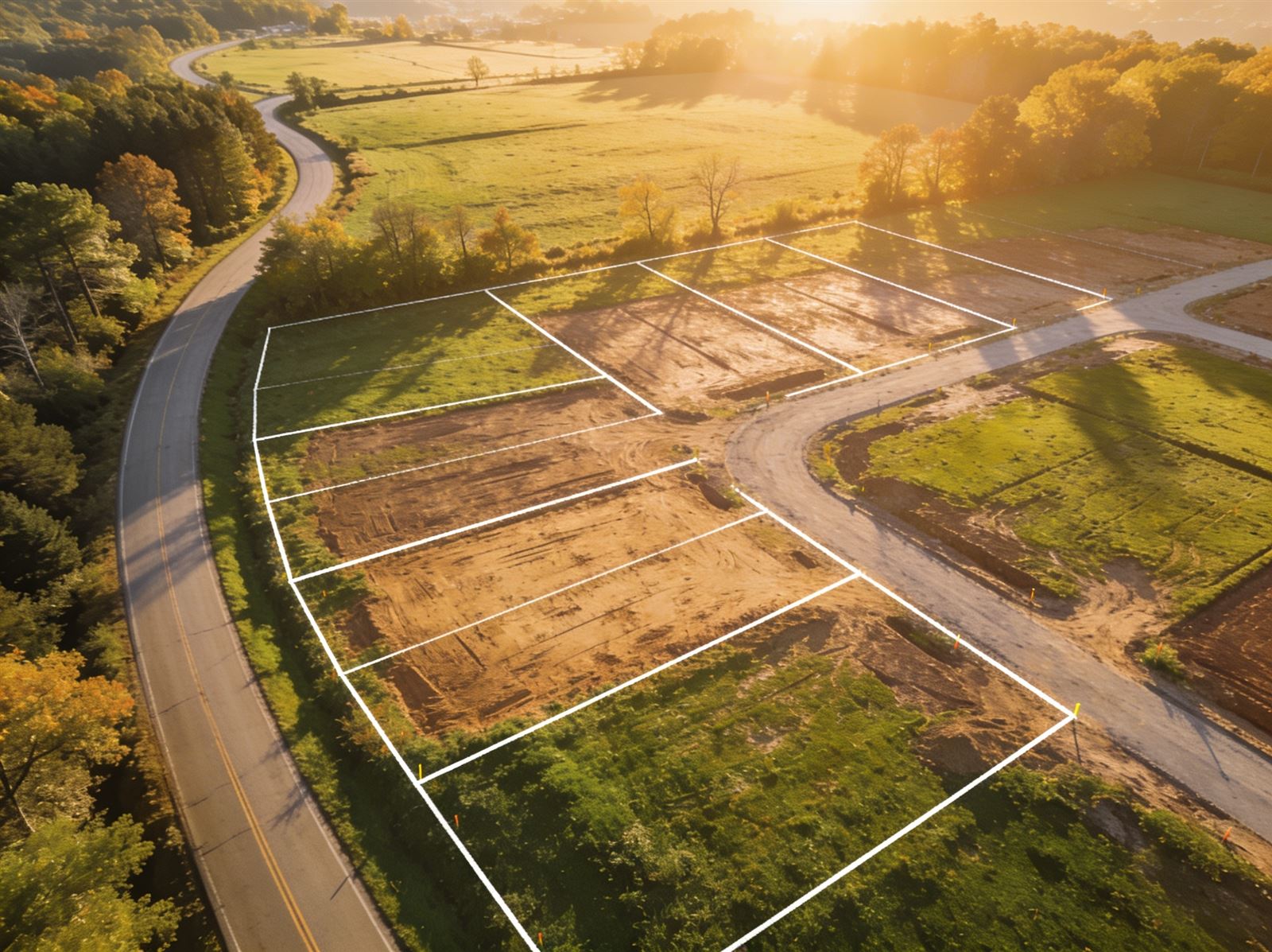 Top-down aerial view of cleared building lots beside a country road